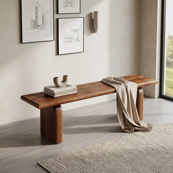 Fnova Solid Wood Bench with Live-Edge Top and Arched Legs, 63 Inch Dining Bench for Entryway Bedroom Living Room