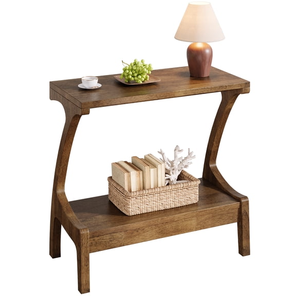 Fnova Solid Wood End Table, Narrow 2-Tier Side Table with Storage Shelf, Curved Frame Sofa Side Table, Easy Assembly, for Living Room, Bedroom, Entryway, Small Space