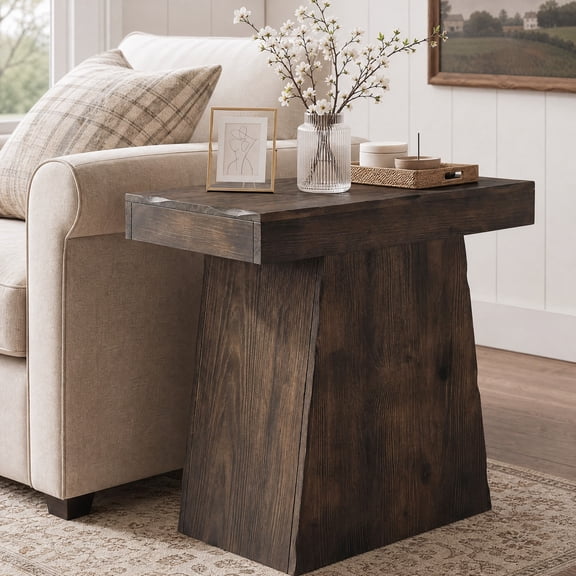Fnova Solid Wood End Table with Trapezoid Base, Farmhouse Side Table for Bedroom, Small Spaces, Dark Brown