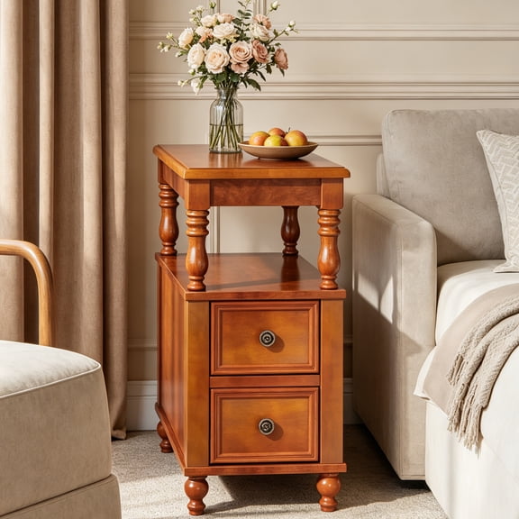 Fnova Solid Wood Narrow End Table with 2 Drawers and Open Shelves, Side Table Nightstand, Easy Assembly, for Living Room, Bedroom, Entryway, Small Space