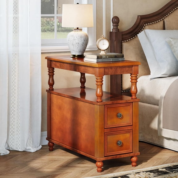 Fnova Solid Wood Narrow End Table with 2 Drawers and Open Shelves, Side Table Nightstand, Easy Assembly, for Living Room, Bedroom, Entryway, Small Space