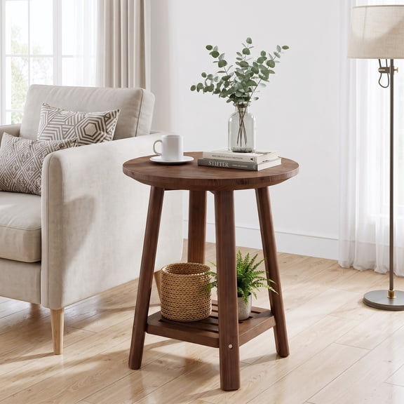 Fnova Solid Wood Round End Table, 2-Tier Small Side Table with Storage Shelf, Farmhouse Nightstand with Tapered Legs for Small Spaces, Living Room, Bedroom, Walnut