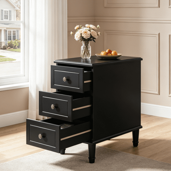 Fnova Solid Wood Side Table with 3 Drawers, Modern End Table, Farmhouse Accent Table, Beside Table Nightstand, No Assembly Required, for Living Room, Bedroom, Entryway, Small Space
