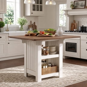 Fnova Square Kitchen Island with Storage, 47" Farmhouse Island Table, Counter Height Bar Table for Dining Room, White & Brown