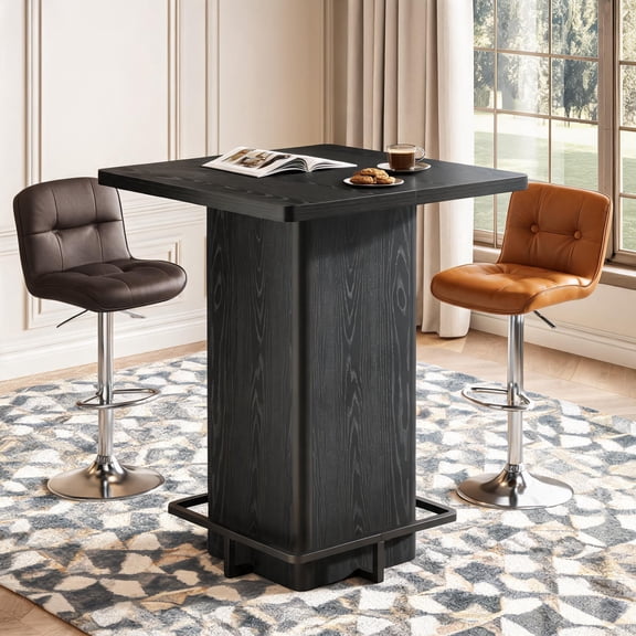 Fnova Square Pub Table with Built-in Metal Footrest Ring, 39.4" Bar Height Rustic Industrial Bistro Table for Kitchen, Home Bar, Apartment, Black