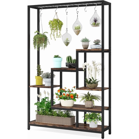 Fnova Tall Plant Stand with Hanging Hooks, 8-Tier Multi-Shelf Plant Display Rack with Wire Grid Shelf, Sturdy Metal Wood Flower Stand for Indoor Living Room Balcony Garden