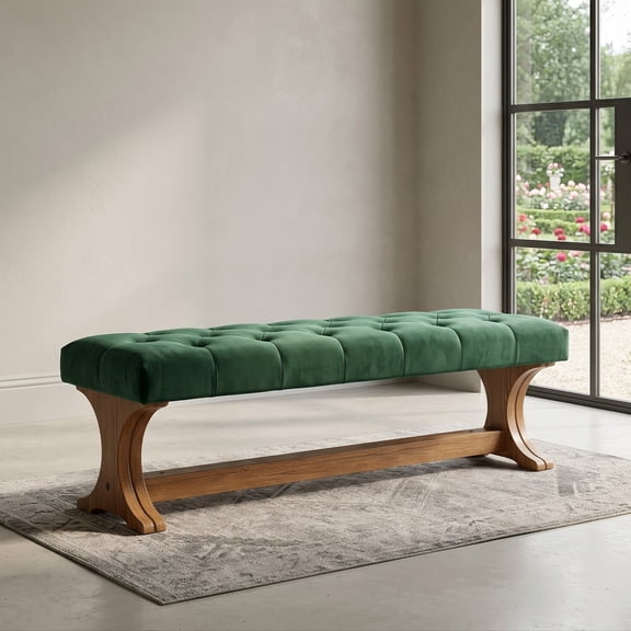 Fnova Tufted Upholstered Bench with Curved Wood Trestle Legs, 55 Inch Dining Bench for Bedroom Entryway Living Room