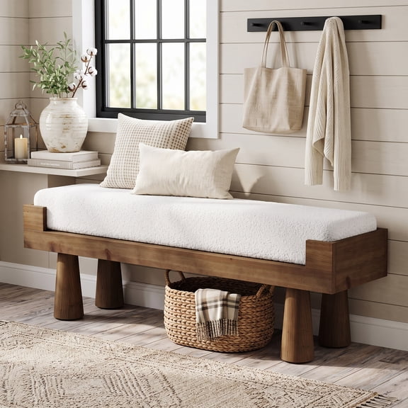 Fnova Upholstered Entryway Bench, Gray & Brown Berber Fleece Cushioned Shoe Bench with Solid Rubberwood Legs, Padded End of Bed Bench for Bedroom Living Room Mudroom Hallway, 47.24" W