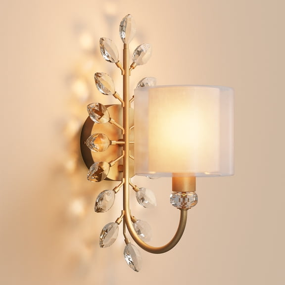 Fnova Wall Sconce with Double-Layer Fabric Lampshade, Modern Decorative Bedroom Light with Crystal Leaves Shape, Golden Wall Light, Wall Decor for Living Room, Stairwell, Entryway(E12 Base)