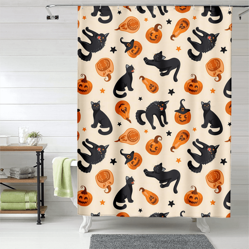 Fnyko Halloween Shower Curtain Set Black Cat Ghost Bat Printed Bathroom