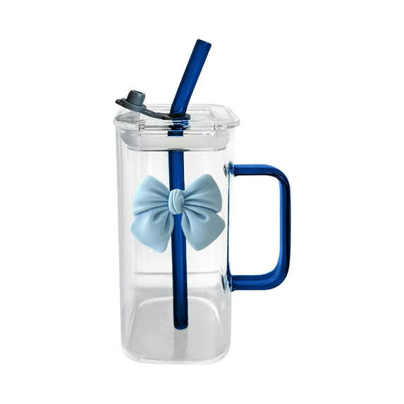 Fnyoxu 13.5oz Square Glass Cup with Knot Handle - Borosilicate Heat-Resistant Tumbler, Reusable Straw & Bamboo Lid for Coffee, Milk Tea, Home Decor