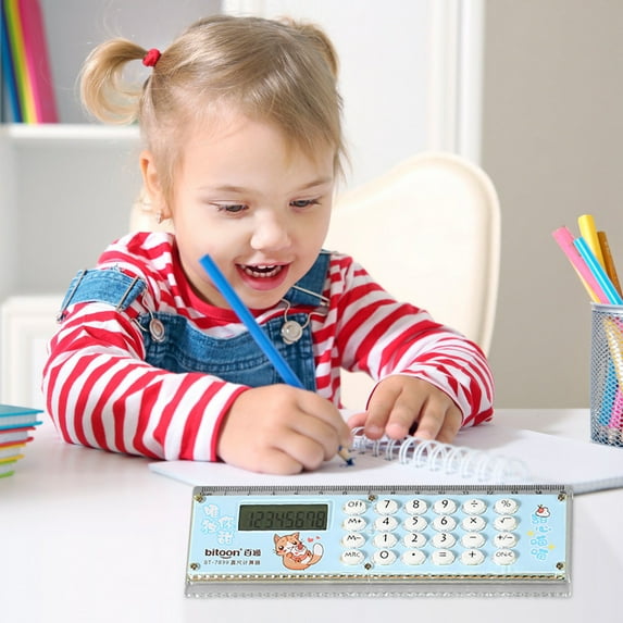 Fnyoxu Calculator, 3 in 1 Calculators Mini Pocket Basic Calculator with Magnifier Solar Transparent Ruler Calculator Digital Desktop Calculator for Kids Student School Supplies Basic(Blue)