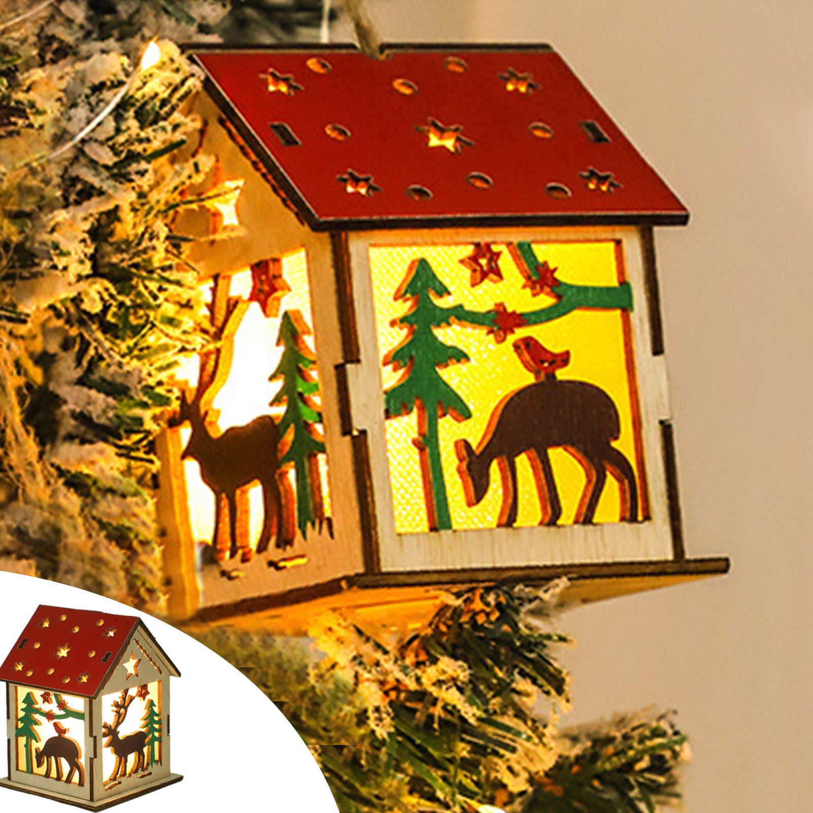 Fnyoxu Christmas Day Wood House with Light,Santa Claus,Snowman,Deer