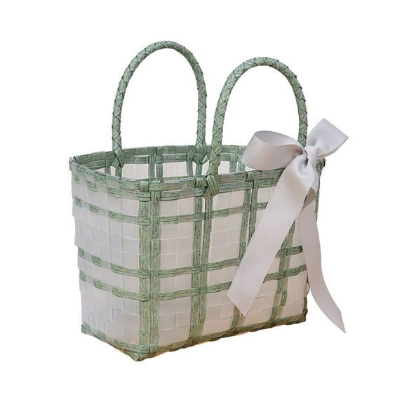 Fnyoxu Clear Plastic Woven Tote Beach Bag,Stylish Vegetable Basket,Teacher Thank You Gift Flower Wrap Bag,Ribbon Tote Bag for Work