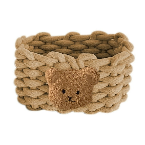 Fnyoxu Cotton Bear Woven Basket Desktop Storage Basket Cute Cosmetics Sundry Storage Basket Organizer Box