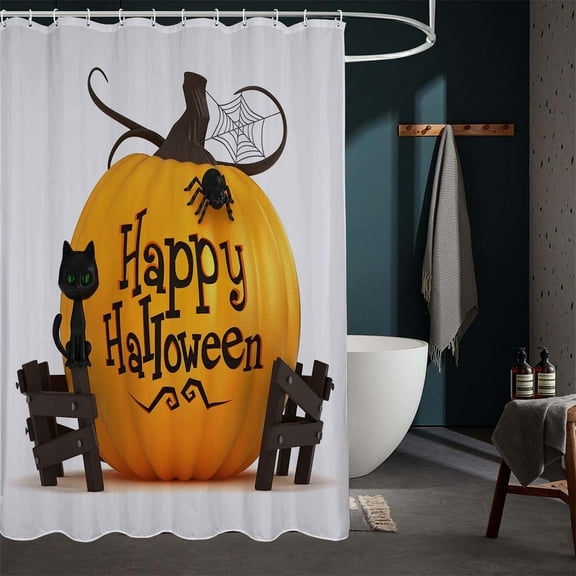 Fnyoxu Halloween Decorations, Shower Curtain Polyester Fabric Watercolor Black Cats Orange Yellow Color Decorativefor Halloween Design with 12 Hooks for Bathroom
