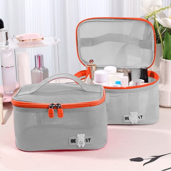 Fnyoxu Large Capacity Travel Cosmetic Bag, Breathable Mesh Open Top Makeup Organizer, Lightweight Water-Resistant Toiletry Pouch for Women, Gym, Beach Essentials Storage