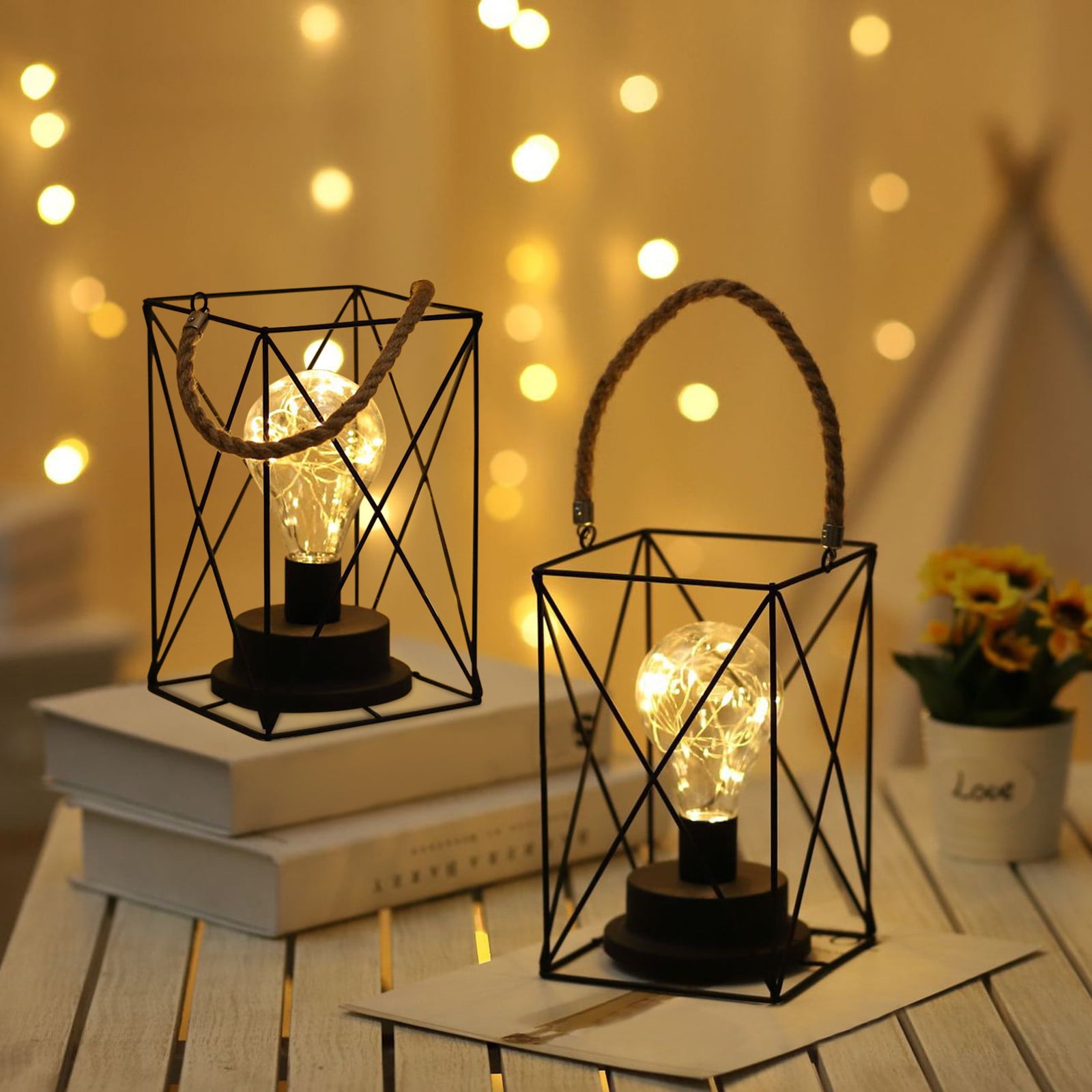 Fnyoxu Metal LED Lantern Battery Powered,Light with LED Edsion Style Bulb.Great for Weddings,Parties,Patio,Events for Indoors Set Of 2