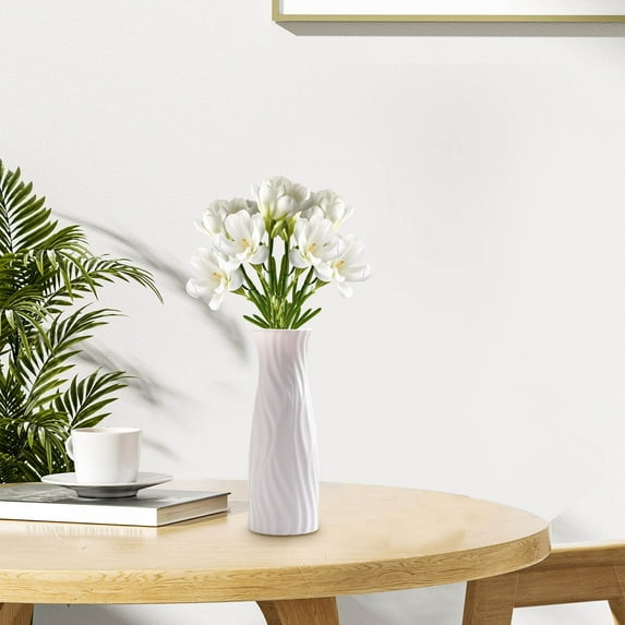Fnyoxu White Plastic Flower Vase - 8 Inch Shatterproof Decor Vase for Wedding Centerpieces, Farmhouse Shelf Decor, Home Office & Gift with Slender Opening