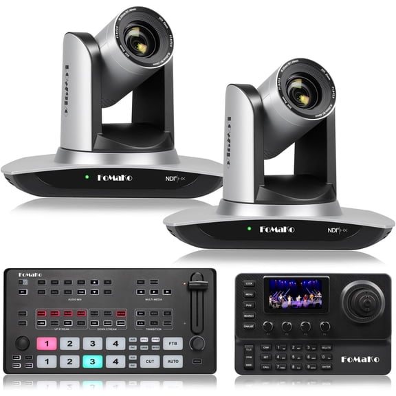 FoMaKo 20x Optical Zoom NDI Camera, AI Auto Tracking HDMI PTZ Camera(2pcs),KC606 PTZ Controller, M1 Video Mixer Swicher, for Church Services Worship Education(FMK20UH X2+KC606+M1)
