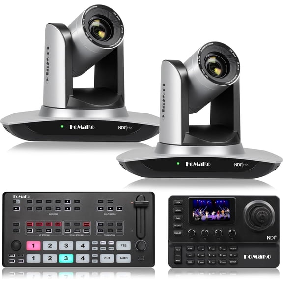 FoMaKo 20x Optical Zoom NDI Camera, AI Auto Tracking HDMI PTZ Camera(2pcs),KC606N PTZ Controller,M1 Video Mixer Switcher,for Church Worship Education Conference Events(FMK20UH NDIX2+KC606N+M1)
