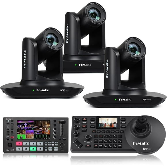 FoMaKo 20x Optical Zoom NDI Camera, AI Auto Tracking HDMI PTZ Camera(3pcs),KC608N PTZ Controller, M3 Video Mixer Swicher, for Church Services Worship Education, (FMK20UH NDI-B X3+KC608N+M3)