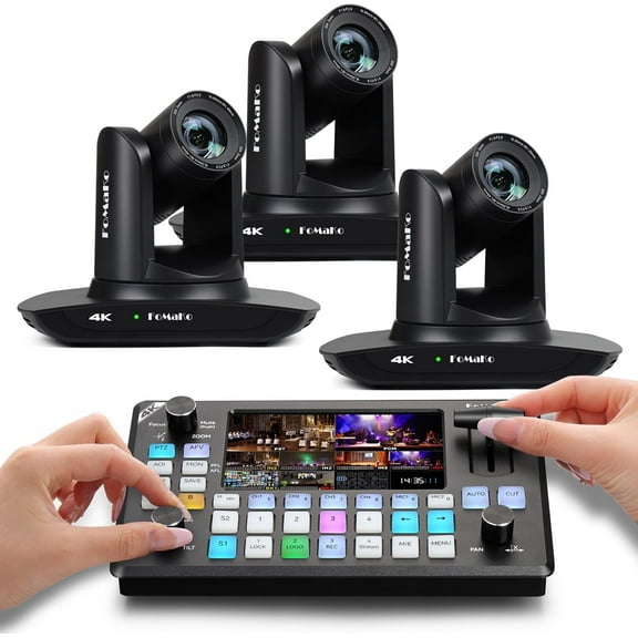 FoMaKo 4K PTZ Camera HDMI, AI Auto-Tracking, 20X Optical Zoom(3pcs),KC602 Video Mixer Switcher,for Church Worship Education Conference Events(K20UHX3+KC602)