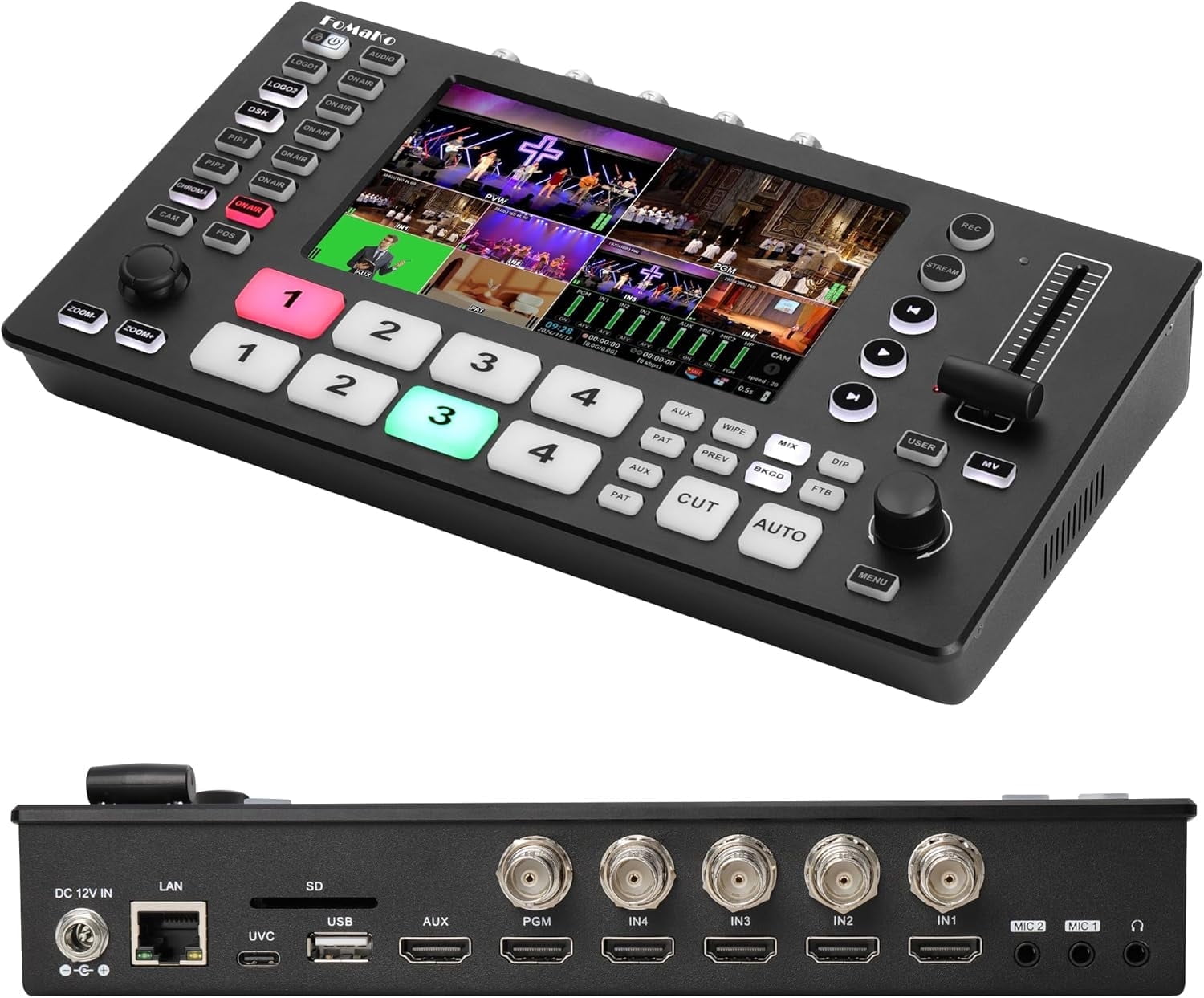 FoMaKo 4K SDI HDMI Video Mixer Switcher, 5.5 Inch FHD LCD Screen, 5-channel HDMI live Streaming Switcher, 4K 60FPS Input, 1080p 60FPS Output,Support PTZ Controller, SDI+HDMI Video Switcher,M4