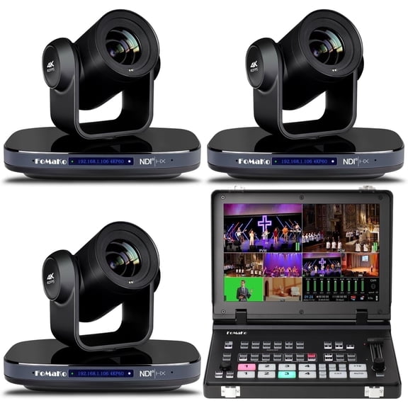 FoMaKo 60FPS 4K NDI PTZ Camera, 20X Optical Zoom(3pcs)+M6 Video Mixer switcher, for Church Services Worship Education, NDI PTZ Bundle(K820N x3+M6)