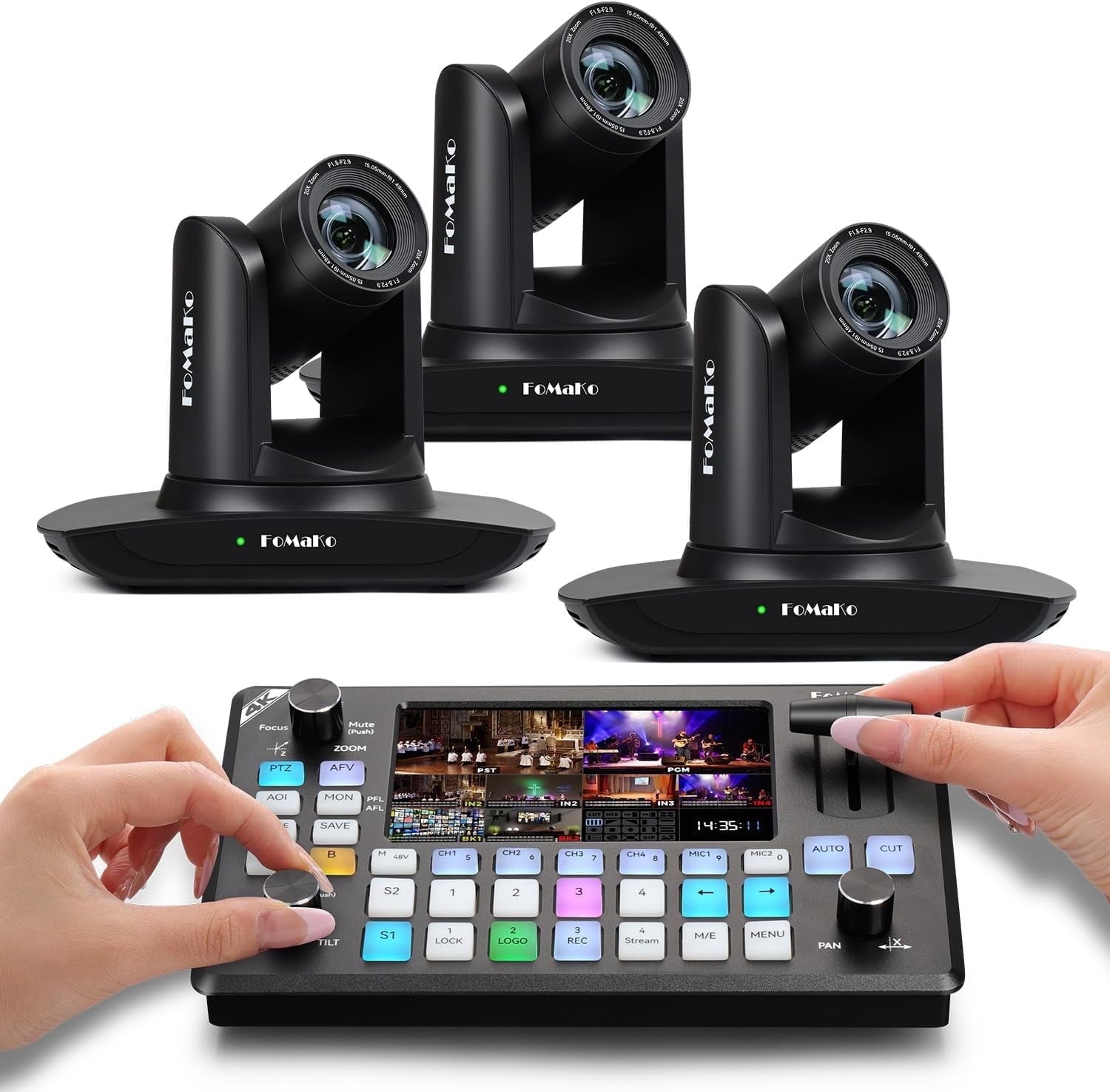 FoMaKo AI Auto Tracking HDMI PTZ Camera, 20x Optical Zoom(3pcs), KC602 Video Mixer Switcher, for Church Services Worship Education(FMK12UH Pro-BX3+KC602)