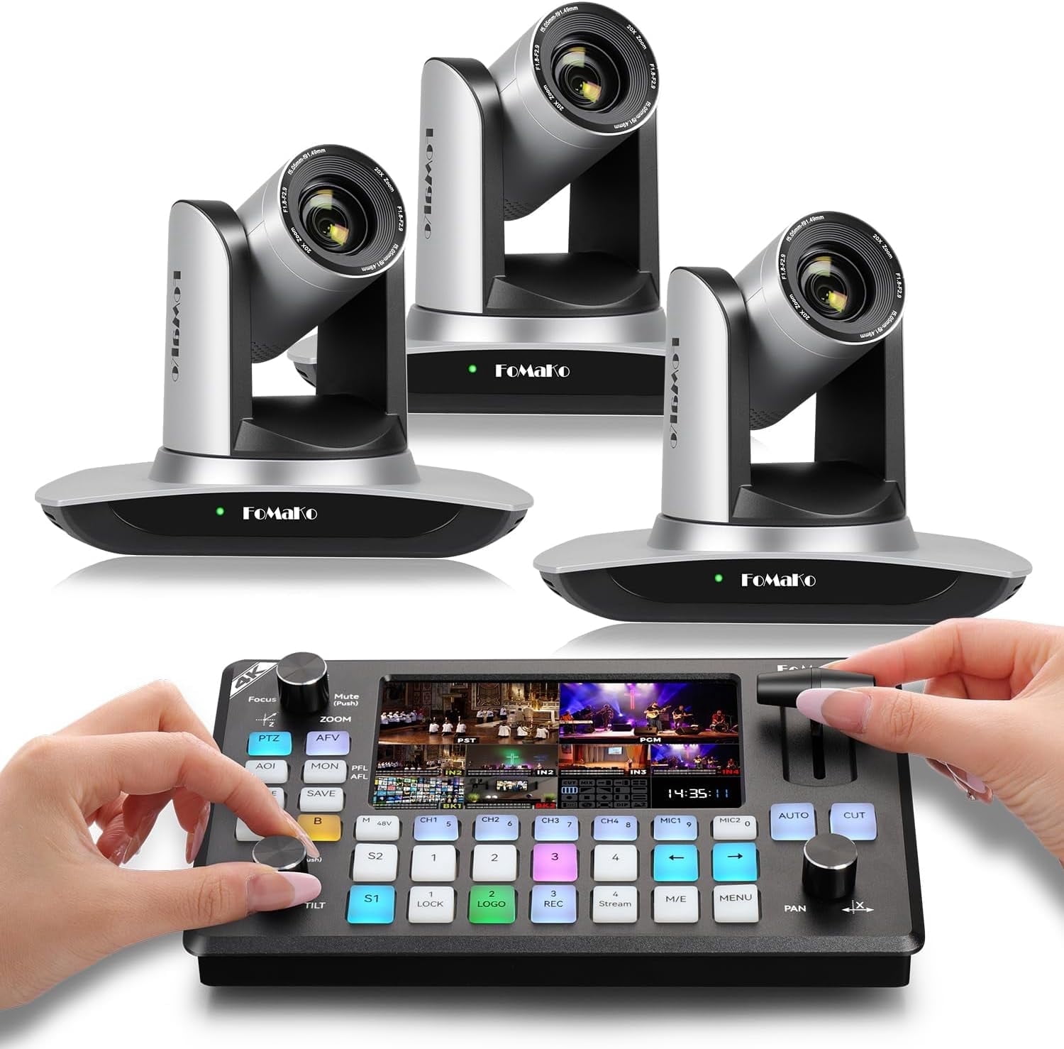 FoMaKo AI Auto Tracking HDMI PTZ Camera, 20x Optical Zoom(3pcs),KC602 Video Mixer Switcher,for Church,Conference Live Streaming and Live Production(.FMK12UHX3+KC602)