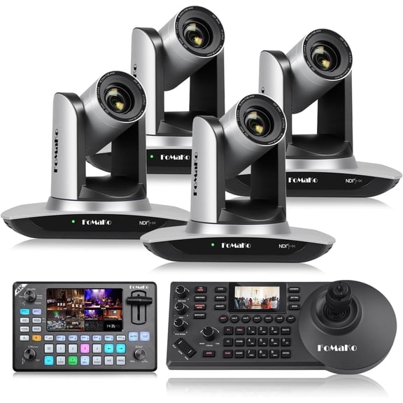 FoMaKo AI Auto Tracking HDMI PTZ Camera, 20x Optical Zoom(4pcs),KC602 Video Mixer Switcher,KC608 Pro PTZ Controller,for Church Services Worship Education(FMK12UHX4+KC602+KC608 Pro)