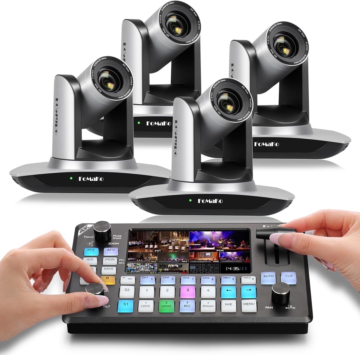 FoMaKo AI Auto Tracking HDMI PTZ Camera, 20x Optical Zoom,KC602 Video Mixer Switcher,for Church,News Anchor Studio Live Streamng and Live Production(FMK12UHX4+KC602)