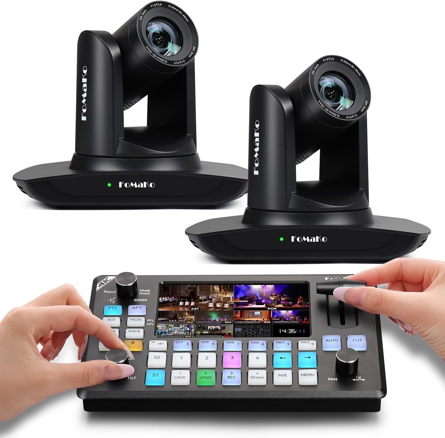 FoMaKo AI Auto Tracking HDMI PTZ Camera, 20x Optical Zoom,KC602 Video Switcher,for Church,News Anchor Studio Live Streamng and Live Production(FMK12UH Pro-BX2+KC602)