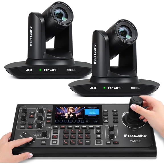 FoMaKo K20UH 4K NDI PTZ Camera AI Auto-Tracking Camera Bundle of 2 Camera with KC600 4D Joystick PTZ Controller, 4K30, NDI|HX3, HDMI, 3G-SDI, PoE (K20UHx2+KC600)