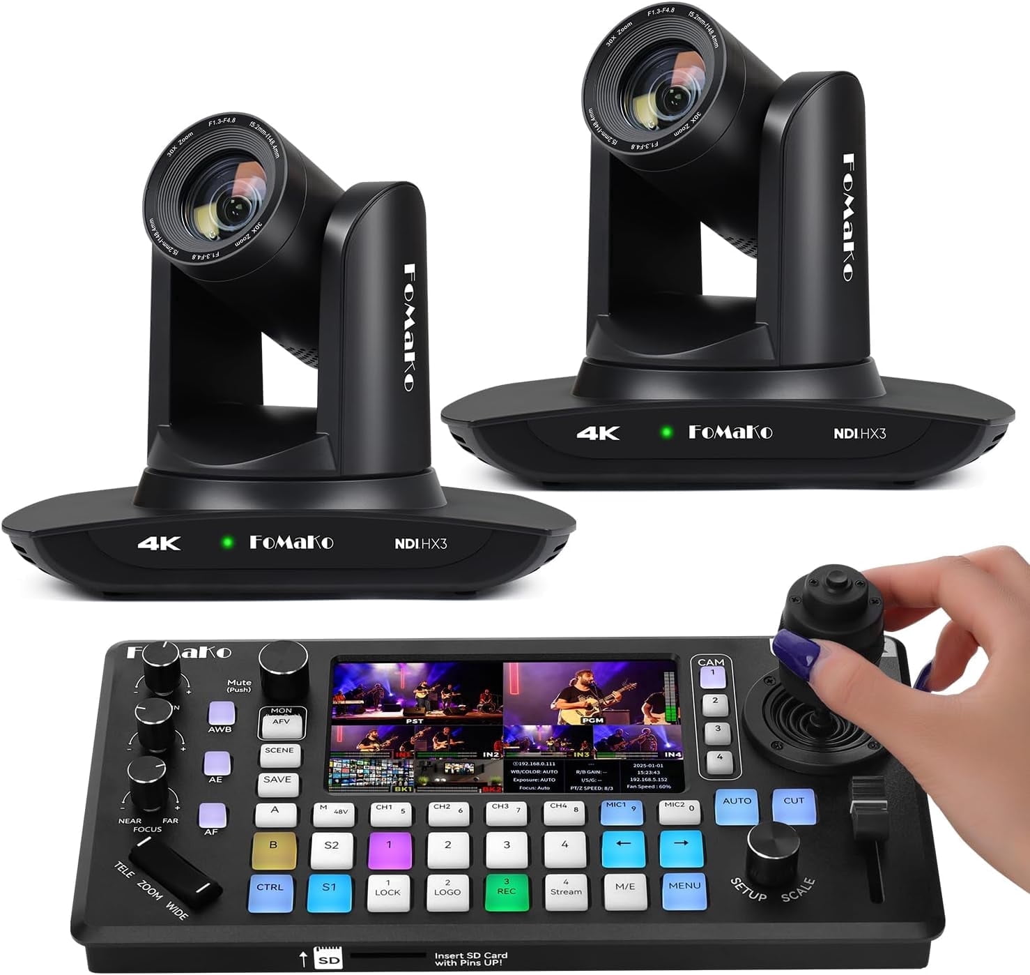 FoMaKo K30NS 4K 30x Optical Zoom PTZ Camera with NDI 6 & NDI HX3, KC800 HDMI Video Switch with Integrated PTZ Controller, for Church, Worship, (K30NS x2 + KC800)