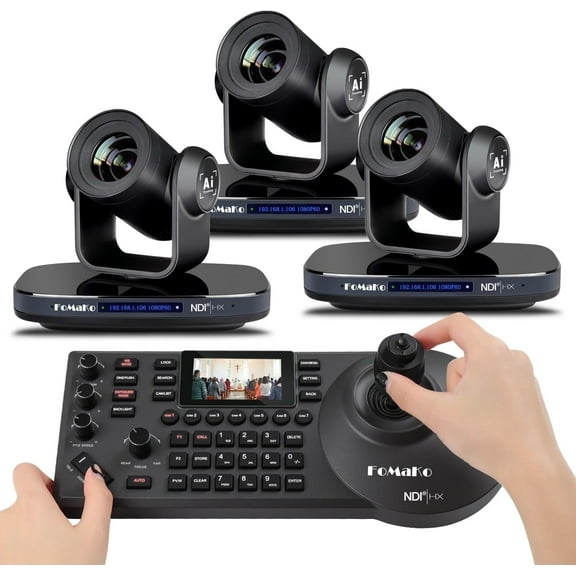FoMaKo NDI PTZ Camera HDMI AI Tracking PTZ Camera 30X Optical Zoom (3pcs) + NDI PTZ Controller for Church Worship Education Conference Events, NDI PTZ Bundle (KN30x3 +KC608N)