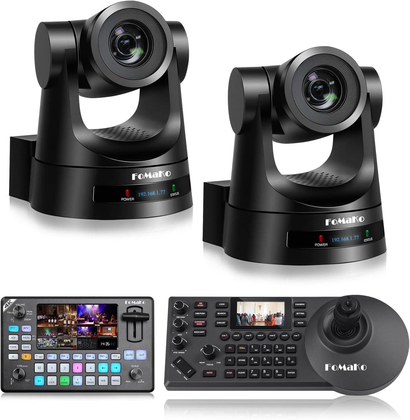 FoMaKo 20x ptz camera(3pcs)+ptz camera controller(1pc)+4k input video switcher Bundle black(BH202+KC602)