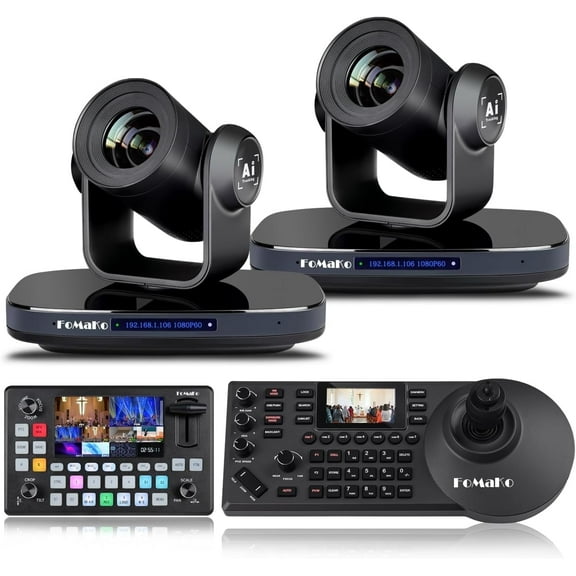 FoMaKo PTZ Camera HDMI 1080P60 AI Auto-Tracking 20X Optical Zoom(2pcs), PTZ Controller, Video Mixer Switcher for Church Worship Education Conference Events, K20x2+ KC608+KC601