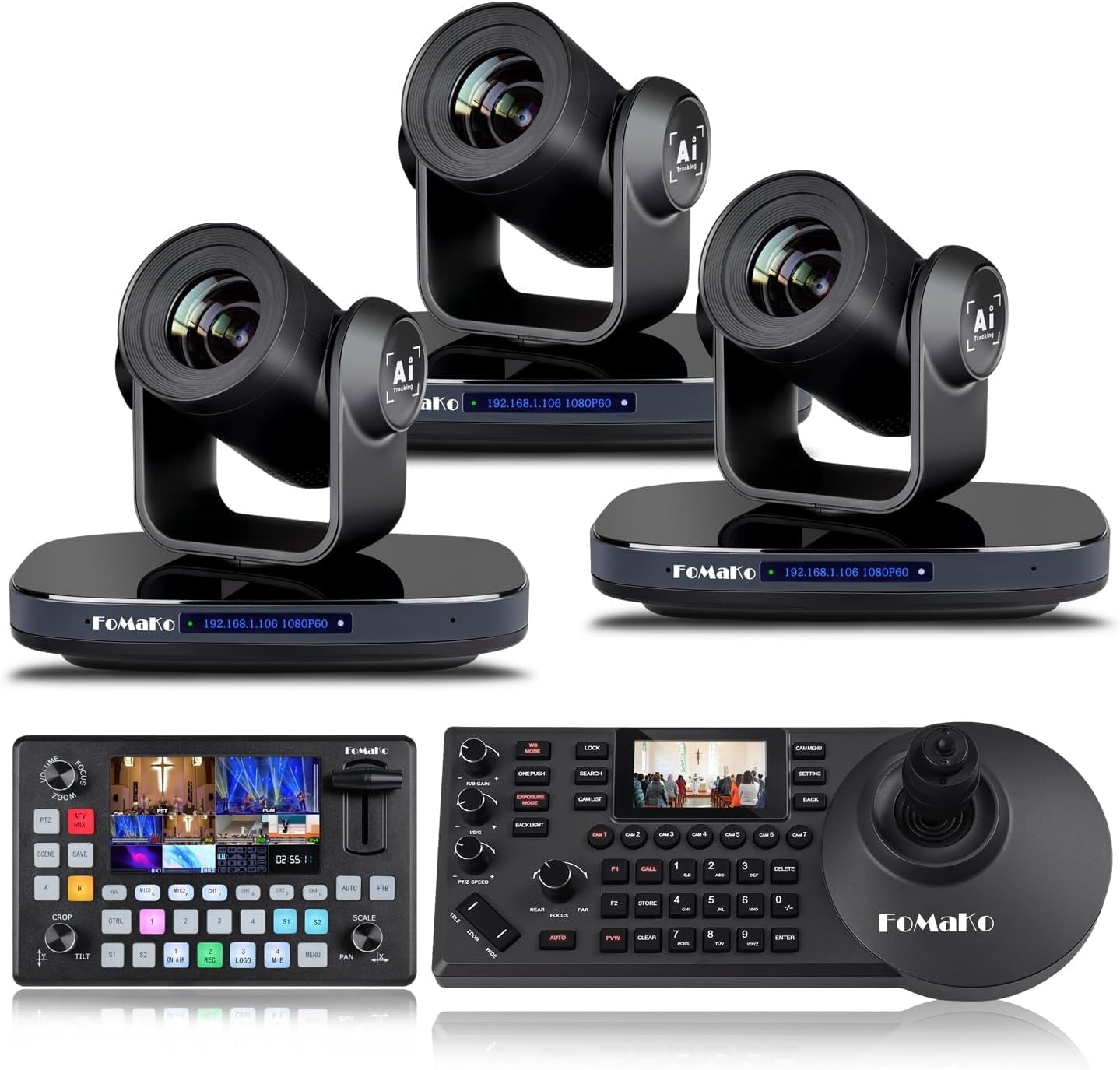 FoMaKo HDMI 1080P60 AI Auto-Tracking 20X video Camera Bundle ( K20x3+ KC608+KC601)