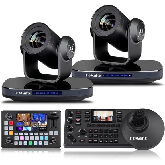 FoMaKo PTZ Camera HDMI 1080P60 AI Auto-Tracking 30X Optical Zoom(2pcs), PTZ Controller, Video Mixer Switcher for Church Worship Education Conference Events, PTZ Bundle K30x2+ KC608+KC601