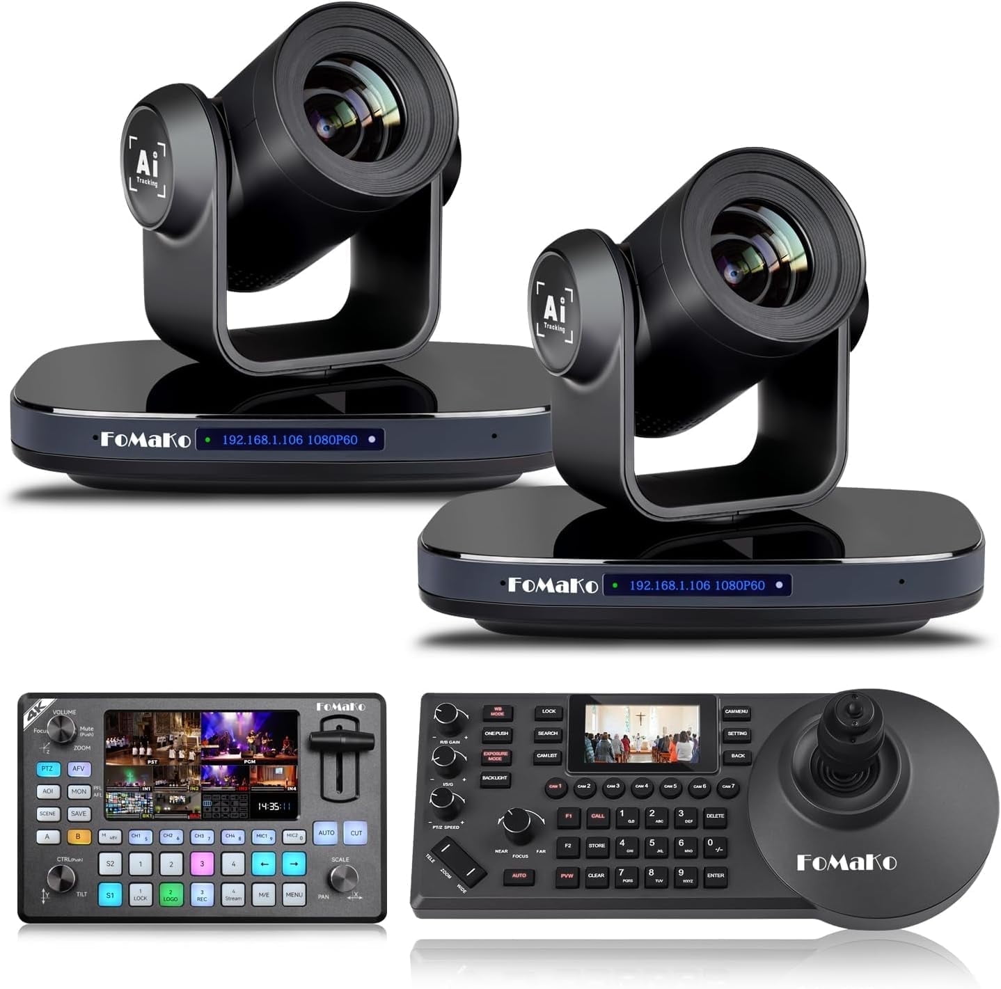 FoMaKo HDMI 1080P60 AI Auto-Tracking 20X video Camera Bundle (K20X2+KC602+KC608 Pro)