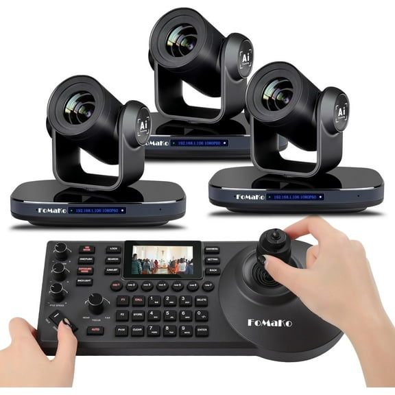 FoMaKo PTZ Camera HDMI 1080P60 AI Auto-Tracking PTZ Camera 20X Optical Zoom(3pcs), PTZ Controller PoE 3" LCD Screen Preview for Church Worship Education Conference Events, PTZ Bundle K20x3+ KC608
