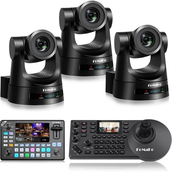 FoMaKo 20x ptz camera(3pcs)+ptz camera controller(1pc)+4k input video switcher Bundle black(BH202 + KC602+ FMK20SDI)