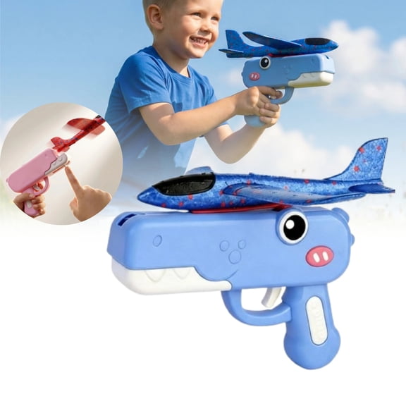 Foam Airplane Launcher for Kids, Dinosaur Glider Catapult Toy - Outdoor Flying Toys - Long Distance Flight Plane - Birthday Gifts & Party Favors Blue
