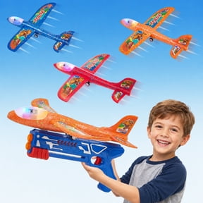 Petbank Airplane Launcher Toys, 3 Pack Flying Airplane Toys with Launcher, LED Light Foam Flying Glider Plane with Sticker, Outdoor Plane Toys for Boy Girl 3+