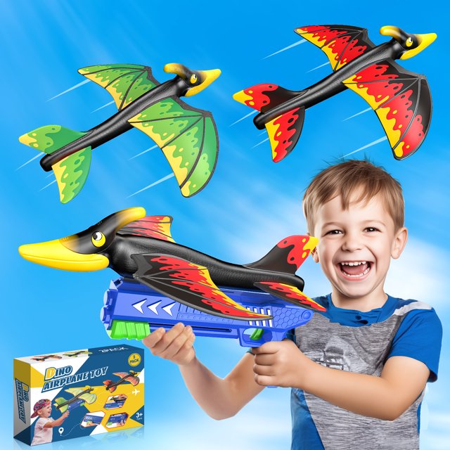 Foam Airplanes for Kids, 2 Pack Dinosaur Glider Planes with Launcher