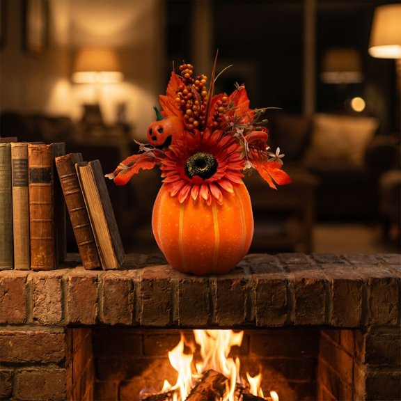 Foam Artificial Pumpkin Table Centerpiece, Fall Harvest Pumpkin Arrangement with Maple Leaves Berries Sunflower Mini Gourds, Decor for Halloween Thanksgiving Tabletop and Home Decoration, E