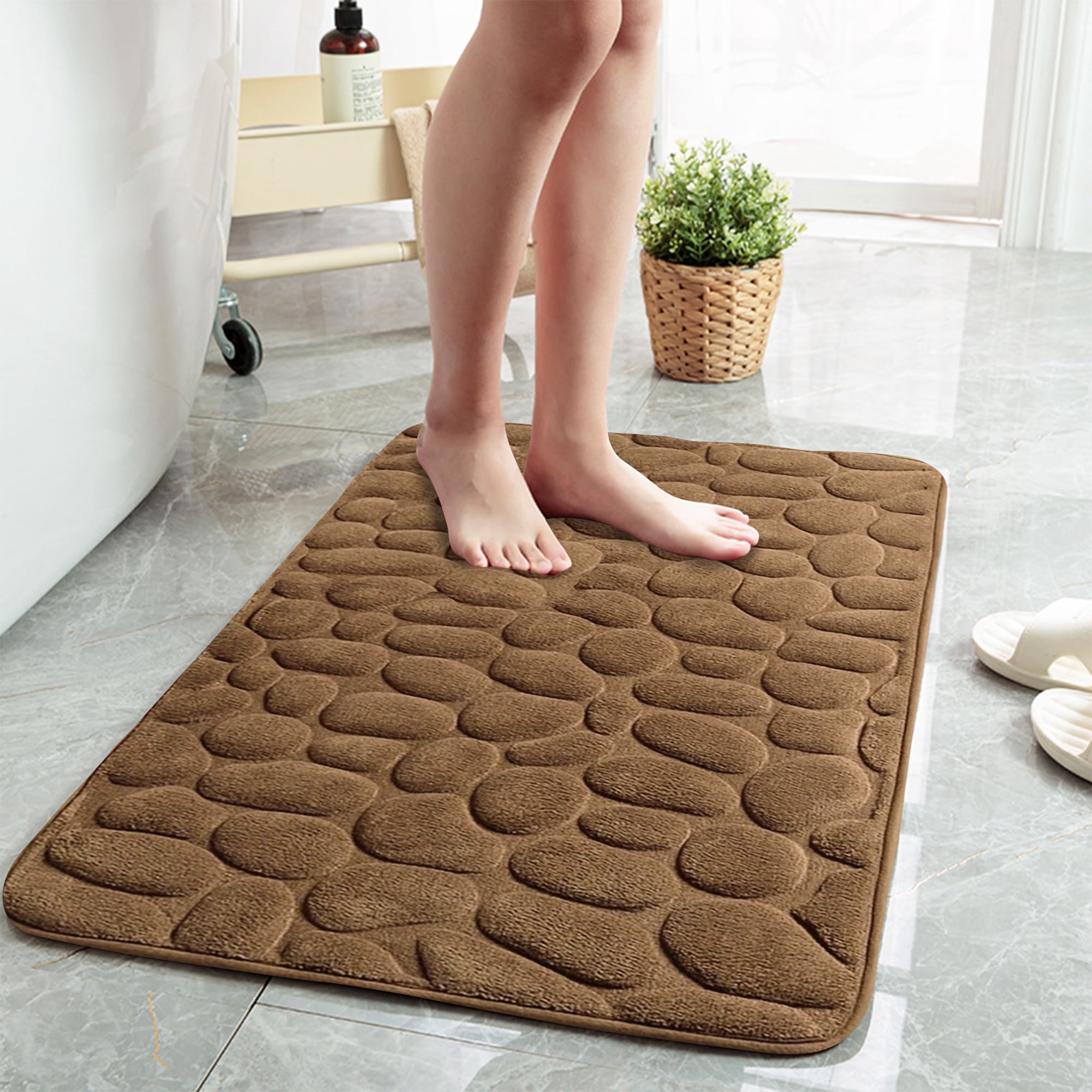 Foam Bath Mats for Bathroom 24*36 In Large Bathroom Rug Brown Cobblestone, Super Water ...