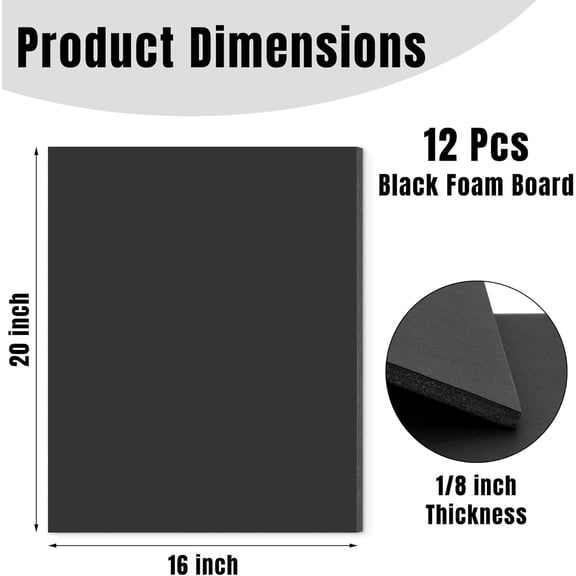 Foam Board 16x20-12 Pack - 1/8" Thick Black Poster Board Acid Free Foamboard for Paintings Prints, Art, Display, Crafts, Presentation and Projects